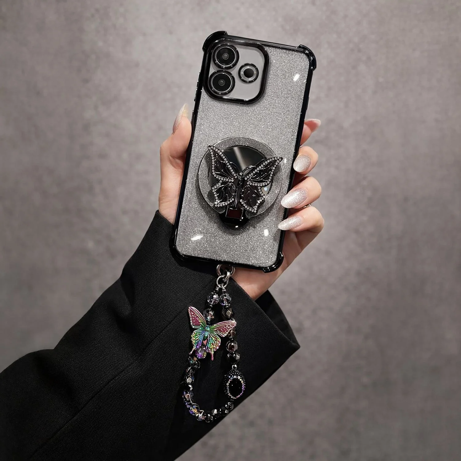 Oppo A5 Pro 5G Shockproof Shimmer Butterfly Stand Case with Charm Strap - Image 2