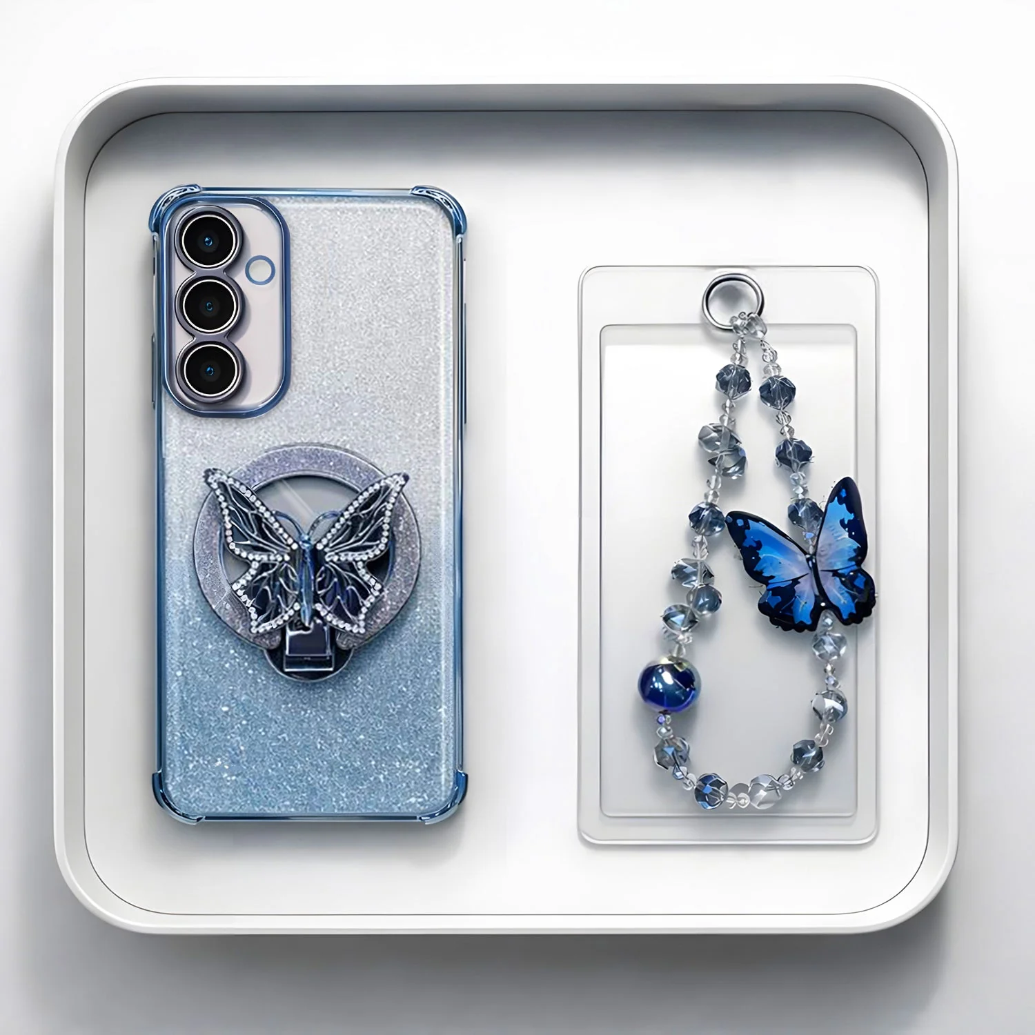 Samsung Galaxy A36 5G Shockproof Shimmer Butterfly Stand Case with Charm Strap - Image 6