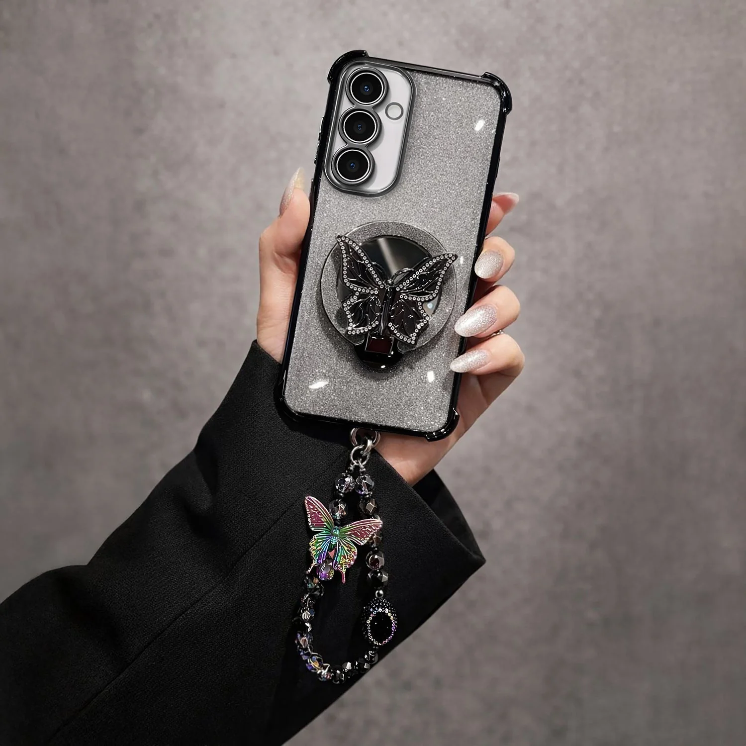 Samsung Galaxy A56 5G Shockproof Shimmer Butterfly Stand Case with Charm Strap - Image 2