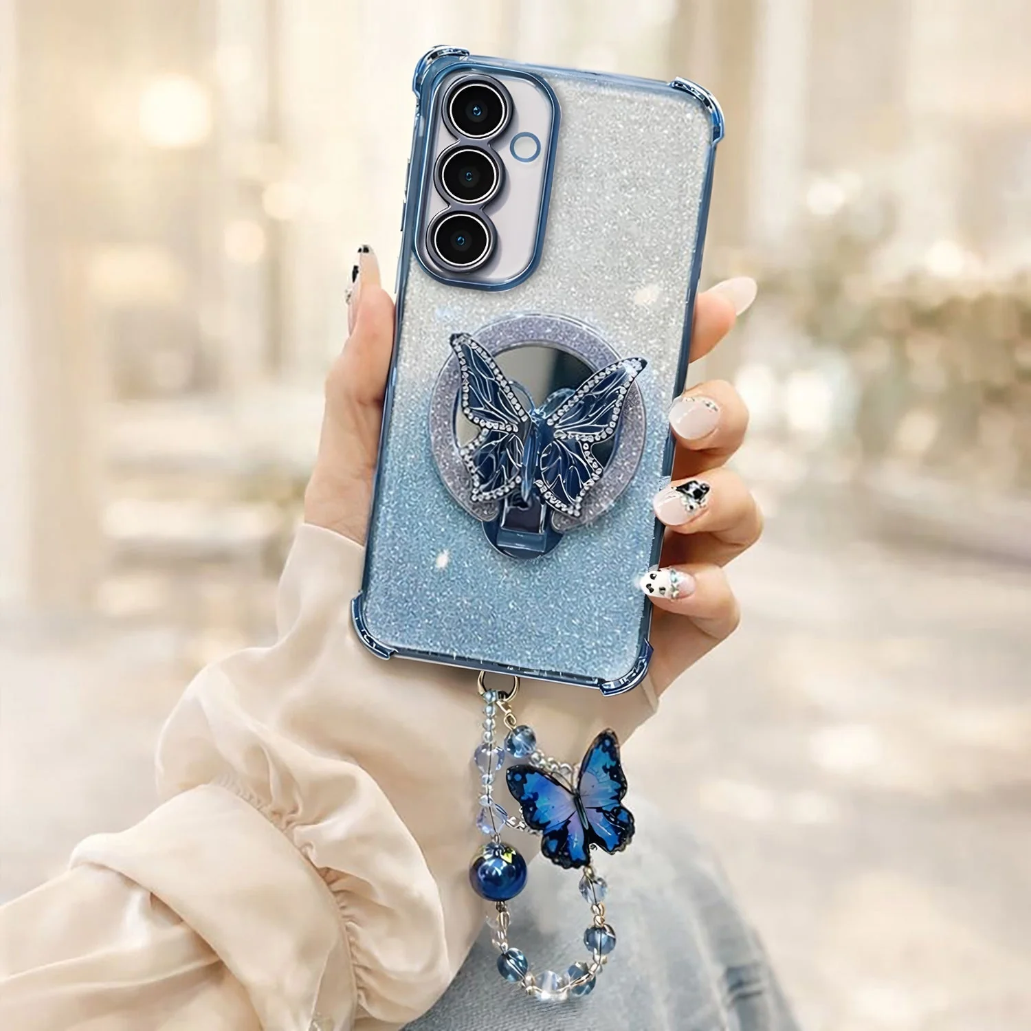 Samsung Galaxy A56 5G Shockproof Shimmer Butterfly Stand Case with Charm Strap - Image 3