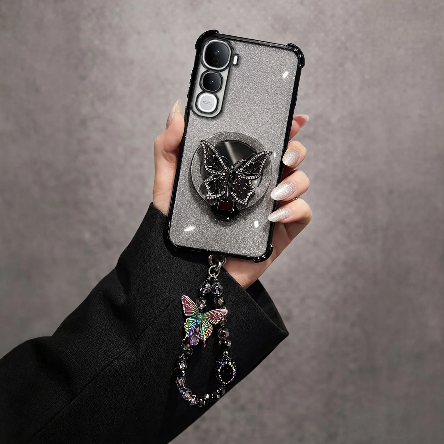 Vivo Y400 Pro 5G Shockproof Shimmer Butterfly Stand Case with Charm Strap - Image 2